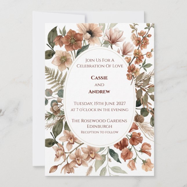 Boho Pampas Grass Dried Floral Wedding Invitation (Front)