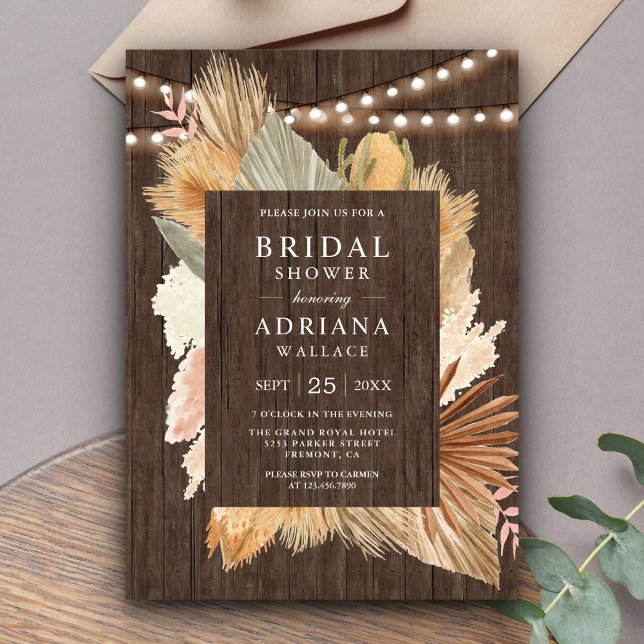 Boho Pampas Grass Dried Palm Wood Bridal Shower Invitation (Creator Uploaded)