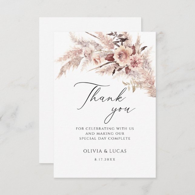 Boho Pampas Grass Dry Flowers Floral Cream Wedding Thank You Card (Front/Back)