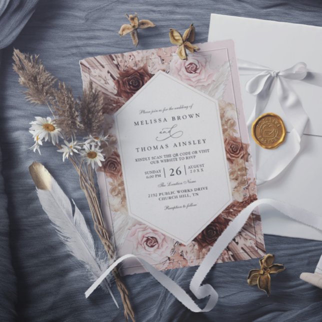 Boho Pampas Grass Dusty Floral QR Code Wedding Invitation (Creator Uploaded)