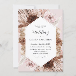 Boho Pampas Grass Dusty Pink Brown Floral Wedding Invitation