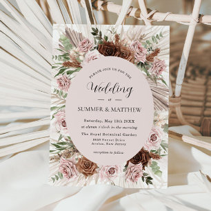 Boho Pampas Grass Dusty Pink Brown Floral Wedding Invitation