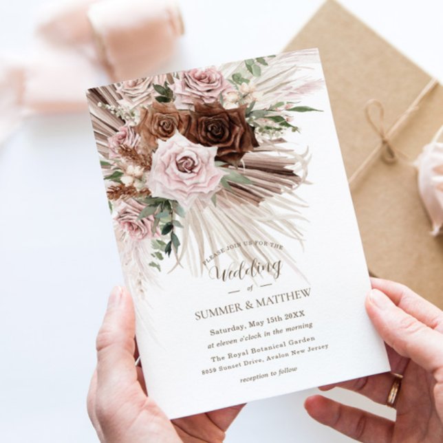 Boho Pampas Grass Dusty Pink Brown Floral Wedding Invitation (Creator Uploaded)