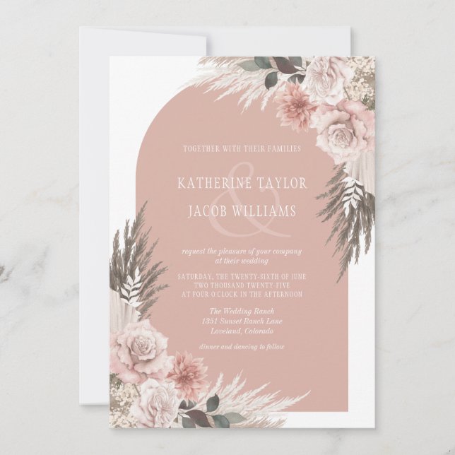 Boho Pampas Grass Dusty Pink Floral Wedding Invitation (Front)