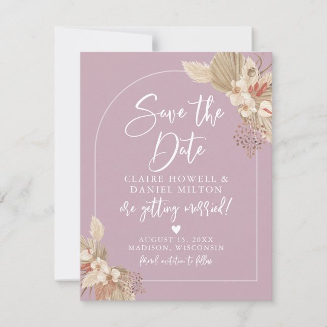 Boho Pampas Grass Dusty Rose Pink Save The Date (Front)