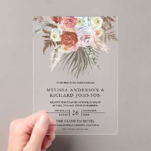 Boho Pampas Grass Earthy Floral Terracotta Wedding Acrylic Invitations