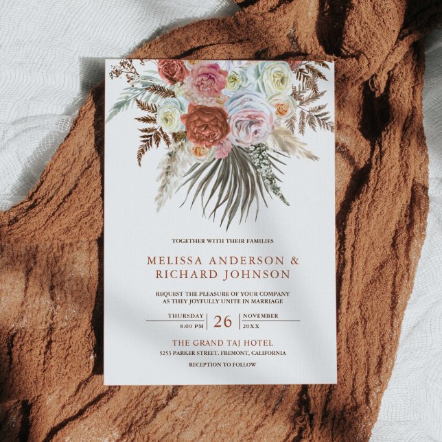 Boho Pampas Grass Earthy Floral Terracotta Wedding Invitation (Creator Uploaded)