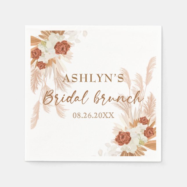 Boho Pampas Grass Elegant Bridal Brunch Terracotta Napkin (Front)