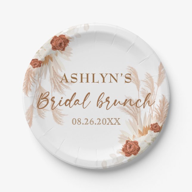 Boho Pampas Grass Elegant Bridal Brunch Terracotta Paper Plate (Front)