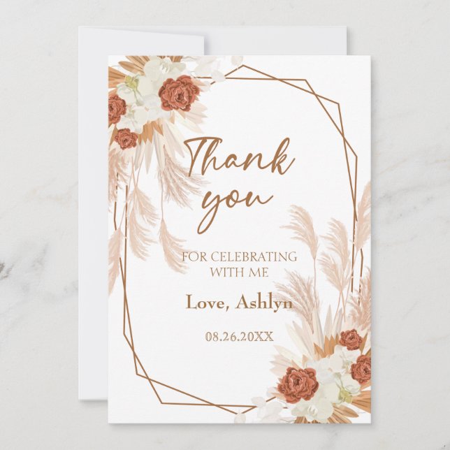 Boho Pampas Grass Elegant Bridal Brunch Terracotta Thank You Card (Front)