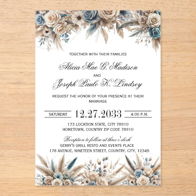 Boho Pampas Grass Elegant Wedding Invitation (Front)
