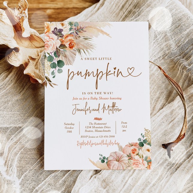 Boho Pampas Grass Fall Floral Pumpkin Baby Shower Invitation (Creator Uploaded)