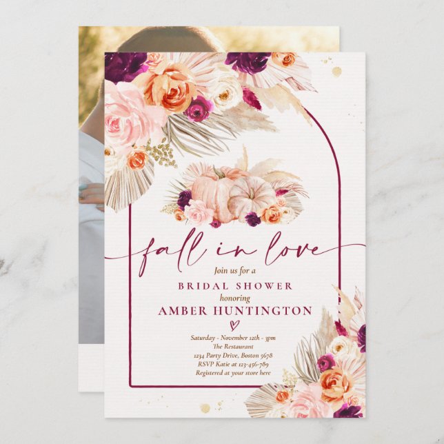 Boho Pampas Grass Fall In Love Bridal Shower Invitation (Front/Back)