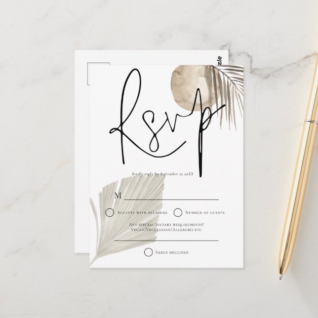 Boho Pampas Grass fan Wedding RSVP Postcard (Front/Back In Situ)