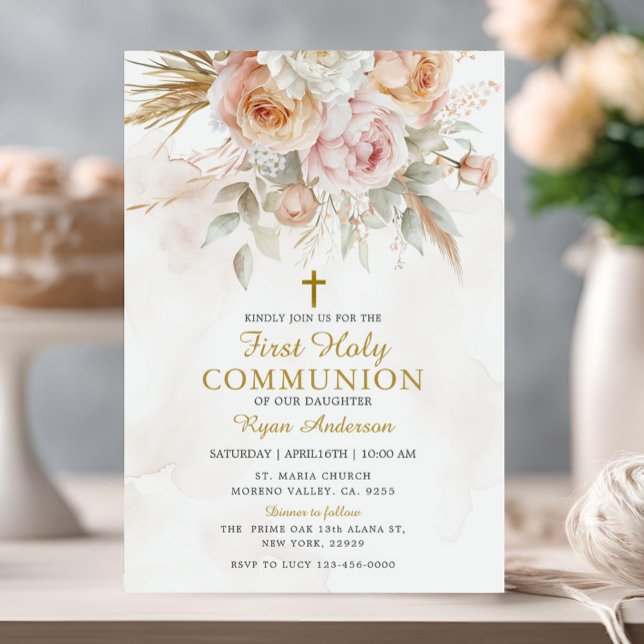 Boho Pampas Grass First Holy Communion Invitation (Creator Uploaded)
