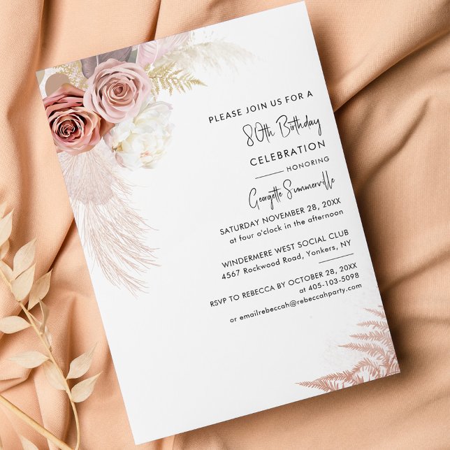 Boho Pampas Grass Floral 80th Birthday Invitation (Pampas Grass Botanical Terracotta 80th Birthday Party Invitation)