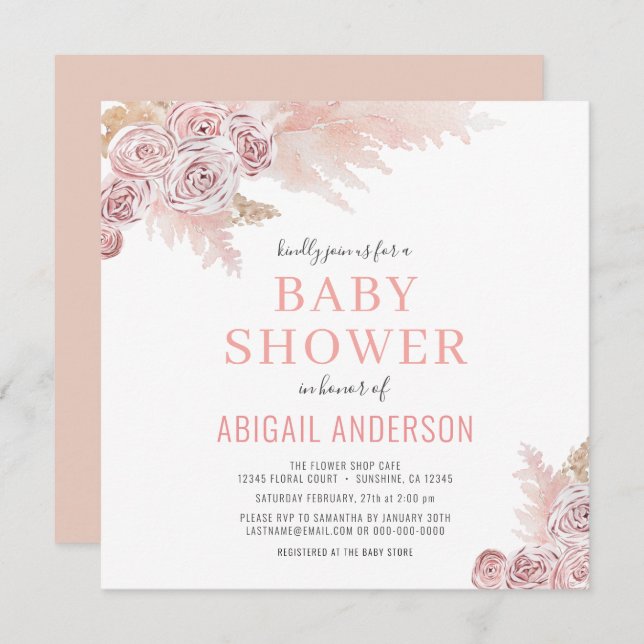Boho Pampas Grass Floral Baby Shower Invitation (Front/Back)