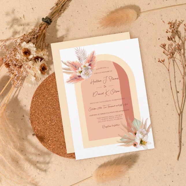 Boho Pampas Grass Floral Beige Terracotta Wedding Invitation (Creator Uploaded)