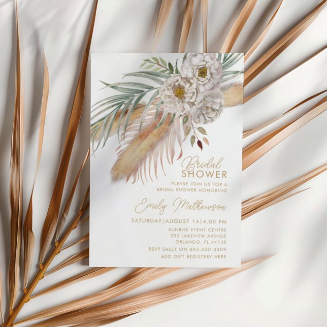 Boho Pampas Grass & Floral Bridal Shower Invitation (Creator Uploaded)