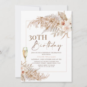 Boho Pampas Grass Floral Champagne Birthday Invitation