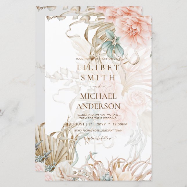 BOHO Pampas Grass Floral Coral Sage Wedding (Front/Back)