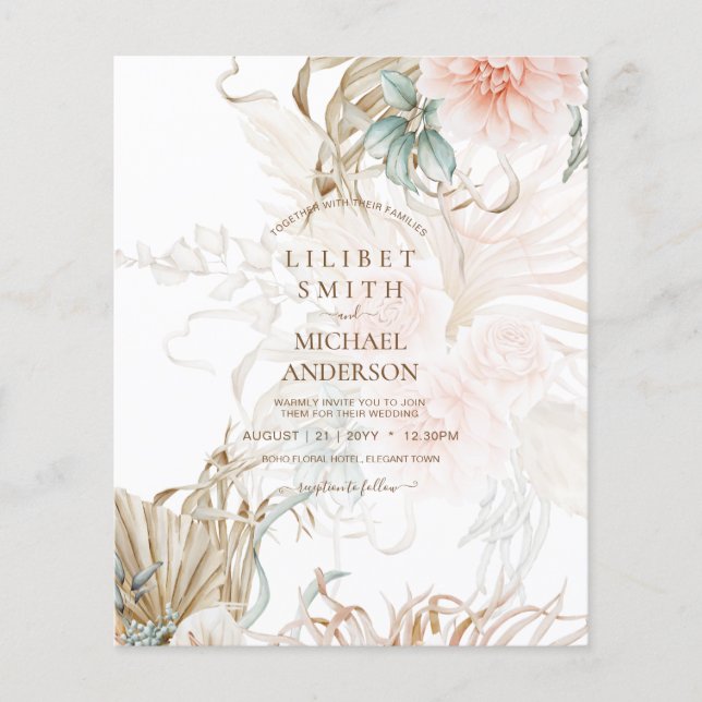 BOHO Pampas Grass Floral Coral Sage Wedding Flyer (Front)