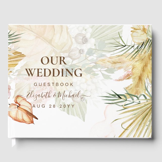 BOHO Pampas Grass Floral Coral Sage Wedding Guest  Guest Book (Front)
