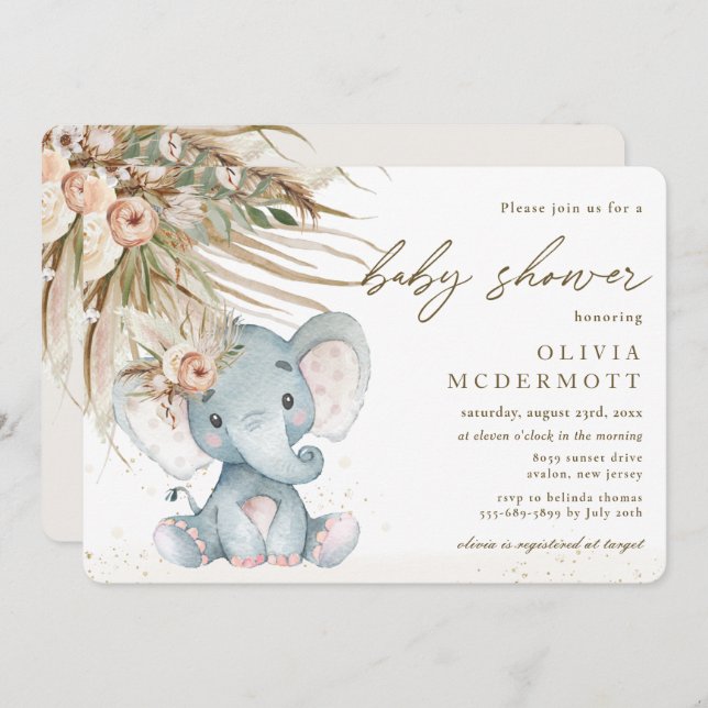 Boho Pampas Grass Floral Elephant Baby Shower  Invitation (Front/Back)