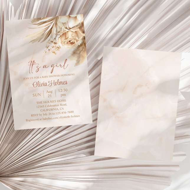 Boho Pampas Grass Floral It's a Girl Baby Shower Invitation (Boho Pampas Grass Floral It's a Girl Baby Shower Invitation on a sunny white dry palm leaf.)