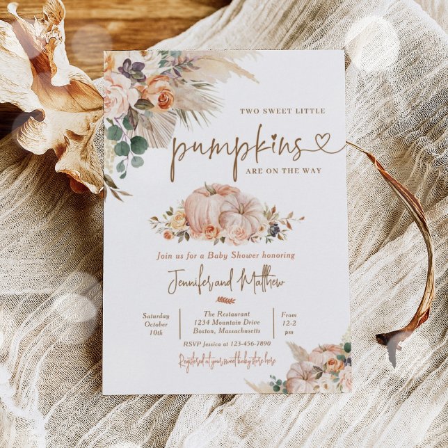 Boho Pampas Grass Floral Twin Pumpkin Baby Shower Invitation (Creator Uploaded)