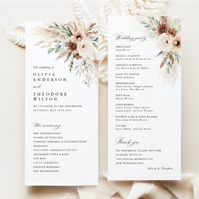 Boho Pampas Grass Floral Wedding Ceremony Program (Boho Pampas Grass Floral Wedding Program Card, Rustic Ceremony Program, Neutral Wedding Stationery)
