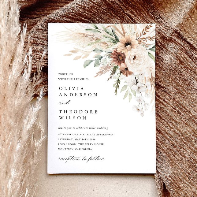 Boho Pampas Grass Floral Wedding Invitation (Boho pampas grass floral wedding invitation, beige terracotta sage green neutral wedding stationery)