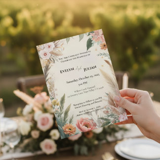 Boho Pampas Grass Floral Wedding Invitation 