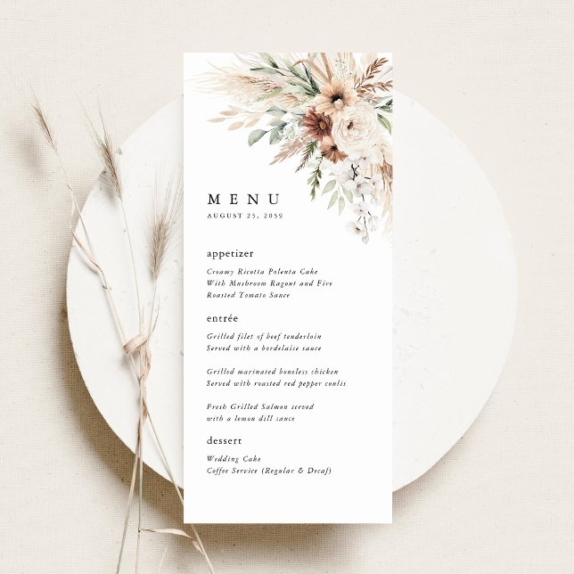 Boho Pampas Grass Floral Wedding Reception Menu (Boho Pampas Grass Floral Wedding Menu Card, Neutral Reception Menu, sage green terracotta menu)