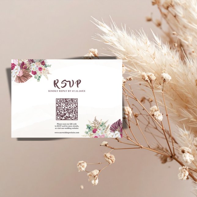 Boho Pampas Grass Floral Wedding RSVP QR Code  Card (Creator Uploaded)