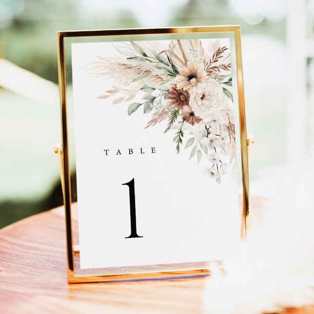 Boho Pampas Grass Floral Wedding Table Numbers (Boho Pampas Grass Floral Wedding Table Number Card, Neutral Beige Sage Green Reception Gold Decor)