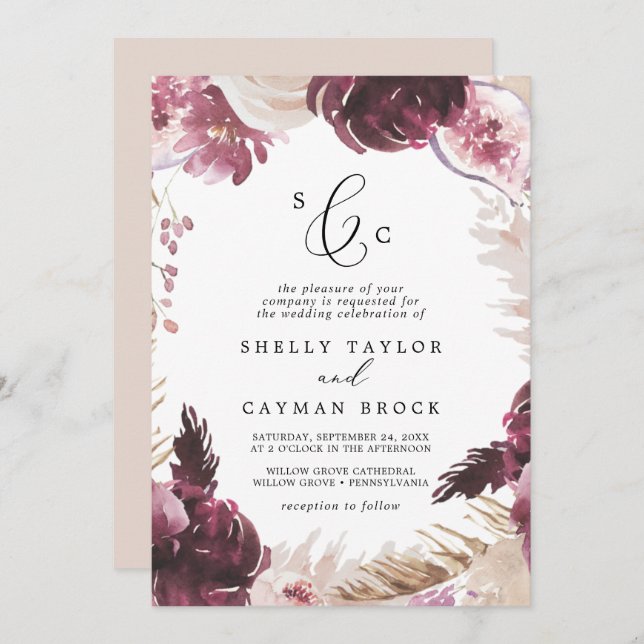 Boho Pampas Grass Formal Monogram Wedding Invitation (Front/Back)