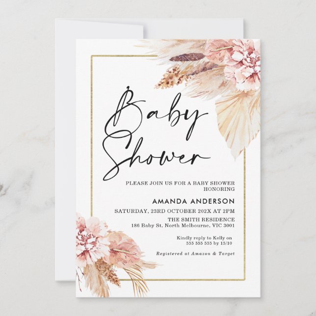 Boho Pampas Grass Frame Baby Shower Invitation (Front)