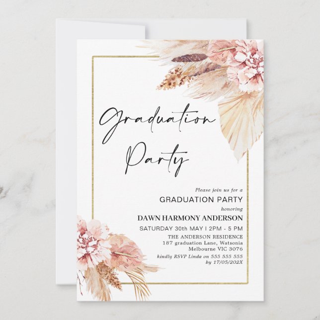 Boho Pampas Grass Frame Graduation Party Invitation (Front)