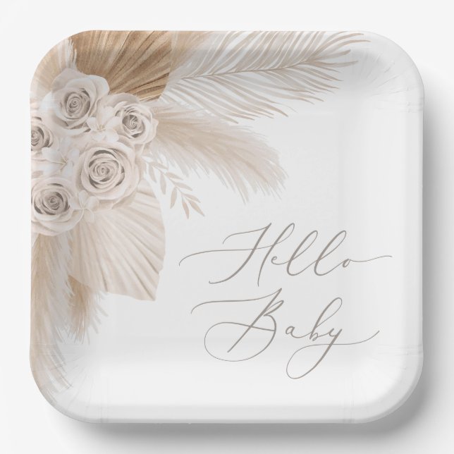 Boho Pampas Grass Gender Neutral Baby Shower Paper Plate (Front)