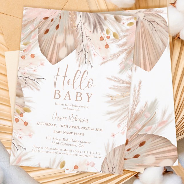 Boho pampas grass gender neutral hello baby shower invitation (Creator Uploaded)