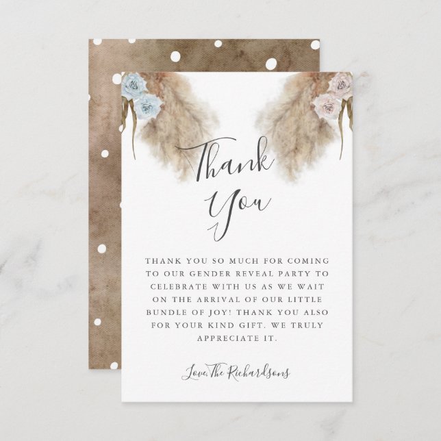 Boho Pampas Grass Gender Reveal Party  Thank You Card (Front/Back)