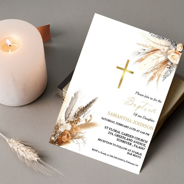 Boho Pampas Grass  Girl Baptism Christening Invitation (Creator Uploaded)