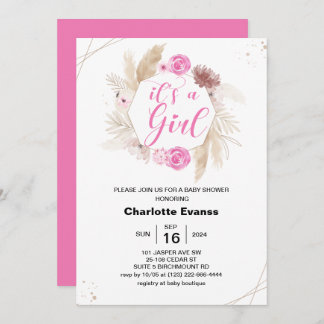 Boho Pampas Grass Girl Pink Flowers Baby Shower Invitation