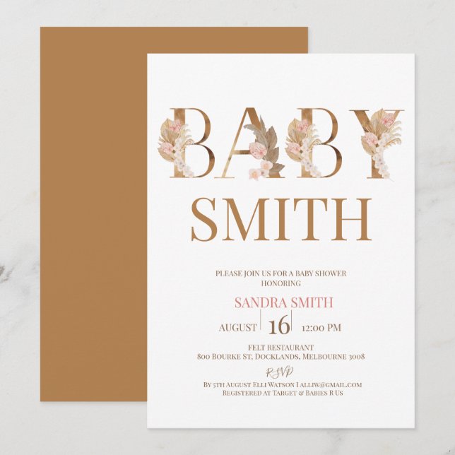 Boho Pampas Grass Girls Baby Word Baby Shower Invitation (Front/Back)