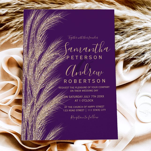 Boho pampas grass gold glitter purple wedding invitation (Creator Uploaded)
