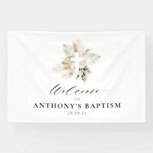 boho pampas grass greenery floral cross baptism banner
