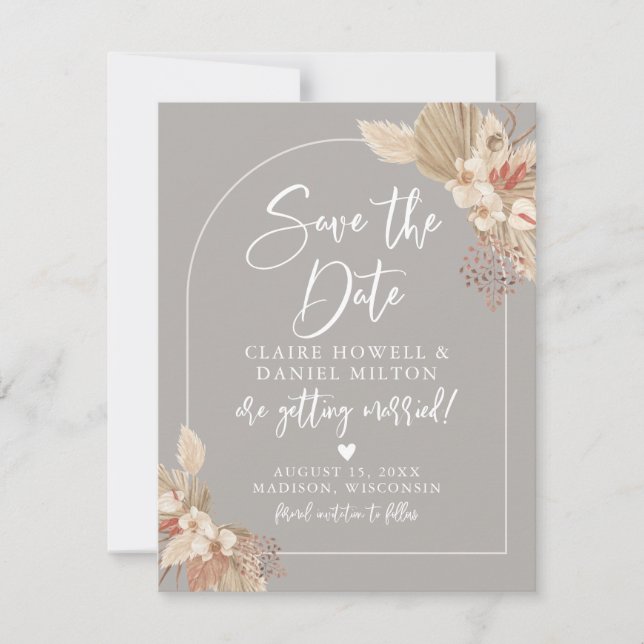 Boho Pampas Grass Grey Beige Save The Date (Front)