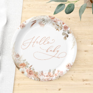 Boho Pampas Grass Hello Baby Baby Shower  Paper Plate