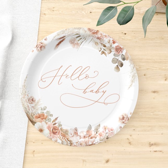Boho Pampas Grass Hello Baby Baby Shower  Paper Plate (Creator Uploaded)
